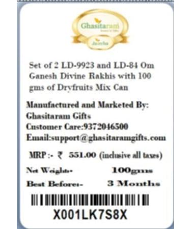 Ghasitaram Gifts Rakhi for Brother Rakhis Online - Set of 2 LD-9923 and LD-84 Om Ganesh Divine Rakhis with 100 GMS of Dryfruits Mix Can - Buy Online on GoSupps.com