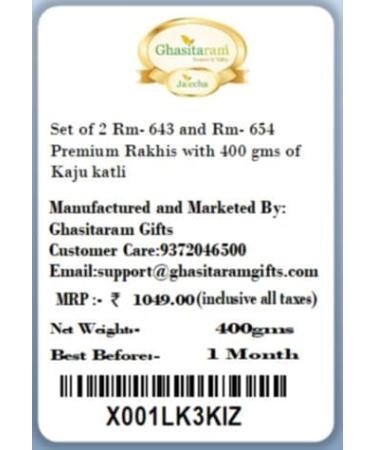 Ghasitaram Gifts Rakhi for Brother Rakhis Online - Set of 2 Rm- 643 and Rm- 654 Premium Rakhis with 400 GMS of Kaju katli - Buy Online on GoSupps.com