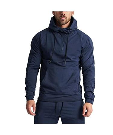 GYMELITE Men's 1/4 Zip Fashion Pullover Hoodie Athletic Workout Fit Cotton Hooed Sweatshirts Casual Long Sleeve with Pocket Navy Blue XX-Large
