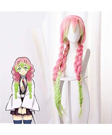 Kanroji Mitsuri Cosplay Wig - Demon Slayer Kimetsu no Yaiba Long Gradient Pink Green Ponytail with 3 Braids + Wig Cap - Buy Online on GoSupps.com