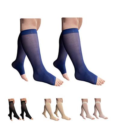 HealthyNees 2 Pair 8-15 mmHg Sheer Compression Leg Calf Shin Thin Open Toe Socks Small/Medium (2 Pair) Navy