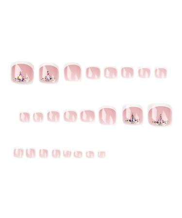 Pink Short Square Fake Toenails with Rhinestones - 24Pcs French False Toenails for Women & Girls - Buy Online on GoSupps.com
