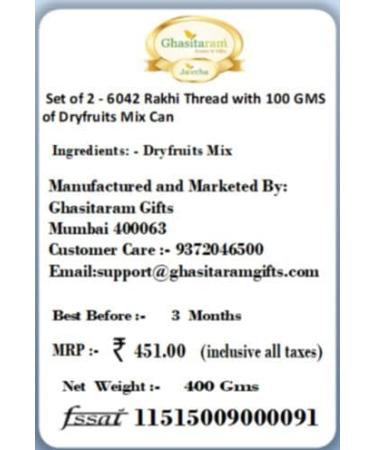 Ghasitaram Gifts Rakhis Online for Brother- Set of 2-6042 Rakhi Thread with 100 GMS of Dryfruits Mix Can 2 Rakhi with 100 gms of Dryfruits Mix Can - Buy Online on GoSupps.com
