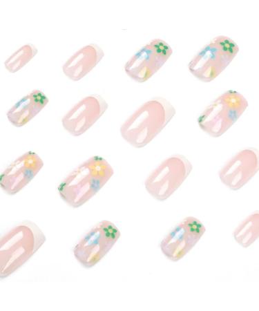 French Tip Press on Nails - Short Square Press On Nails with Nail Tips Simple multicolor small flower false nails press on nails Acrylic False Nails Cute Artificial Nails - Buy Online on GoSupps.com