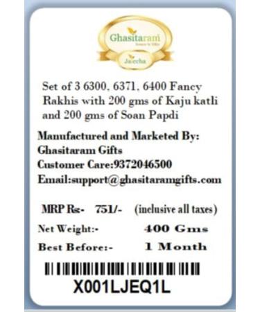 Ghasitaram Gifts Rakhi for Brother Rakhis Online - Set of 3 6300 6371 6400 Fancy Rakhis with 200 GMS of Kaju katli and 200 GMS of Soan Papdi - Buy Online on GoSupps.com