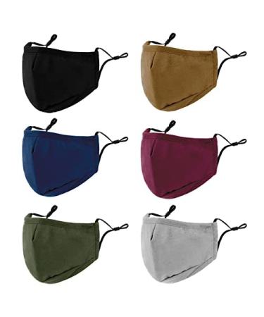 3-Ply Cloth Face Mask 6 Pack,Washable, Reusable and Breathable Face Covering with Adjustable Ear Protection Loops for Women and Men (Black/Grey/Wine Red/Dark Green/Dark Blue/Brown)