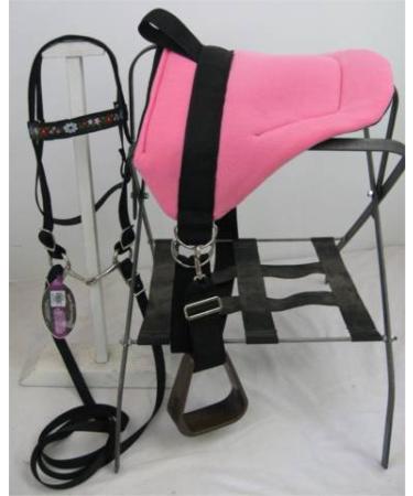 Miniature Horse/SM Pony Bareback Saddle Set - Bright Pink - Floral Overlay - Complete Bridle with Free BIT (Snaffle Style Varies)