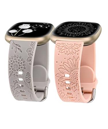 Minyee 2 Packs Floral Engraved Band Compatible with Fitbit Versa 4/Versa 3/Sense 2/Sense Band Women Cute Silicone Dandelion Sunflower Design Soft Sport Fancy Summer Strap for Versa 4 Gray & Pink