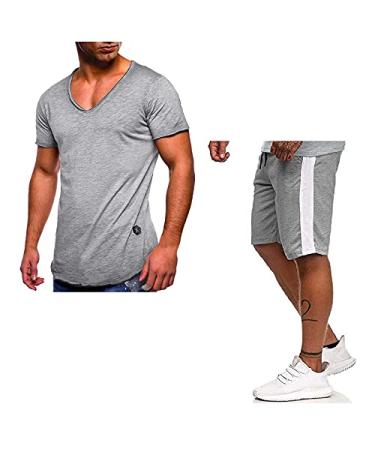 Men's Short Sleeve T-Shirts and Shorts Suit Set Running Jogging Athletic Sports Summer V Neck Zip Sports Suit (#118)gray X-Large