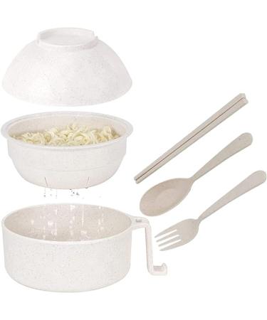 Instant Noodles Bowl with Chopsticks Spoon Fork Rapid Ramen Noodles for College Dorm Room Essentials Dishwasher-Safe Ramen Bowl Microwave Ramen Bowl Set Instant Noodle Bowl (WHITE)