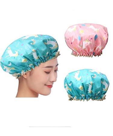 Kuou shower hoods for women/men/children elastic band double -aged bath cap waterproof lined with satin keeps the hair dry 2 pieces 2 pieces (1 Pack)