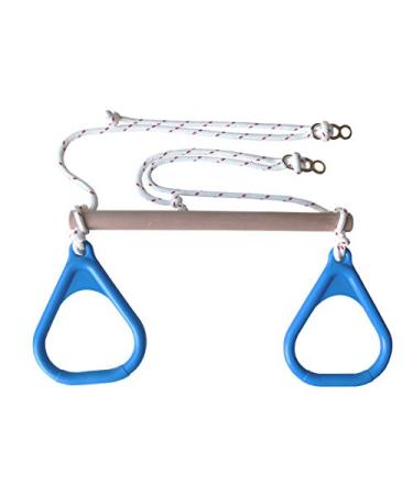 DreamGYM Wooden Trapeze Swing Bar with Blue Gym Rings for Obsticle Courses, Doorway Swings, Playgrounds and Swing Sets
