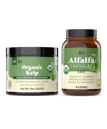 Organic Kelp Powder 8oz & Pure Alfalfa Leaf 100 Capsules Bundle