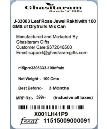 Ghasitaram Gifts Rakhis Online J-33063 Leaf Rose Jewel Rakhiwith 100 GMS of Dryfruits Mix Can Rakhi Set with 100 gms of Dryfruits Mix Can - Buy Online on GoSupps.com