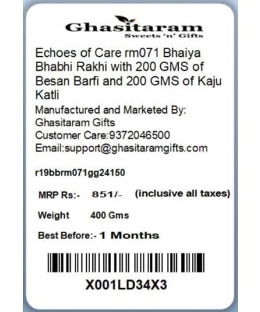 Ghasitaram Gifts Rakhis Online - Rakhi for Brother- Echoes of Care rm071 Bhaiya Bhabhi Rakhi with 200 GMS of Besan Barfi and 200 GMS of Kaju Katli Rakhi Set with 200 gms of Besan Barfi & Kaju Katli - Buy Online on GoSupps.com