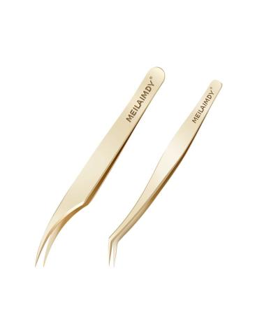 MEILAIMDY Eyelash Extension Tweezers - Professional Curvy | Tweezers with Pointed Edge Stainless Steel Precision Tool for False Eyelashes Tweezers 2 Pack (Gold) Dolphin&Pointed Edge Tweezer Gold