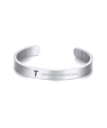 VNOX Custom Text-Minimal Black Stainless Steel Medical ID Cuff Bangle Bracelet for Unisex 8MM 4 Color Silver dnr(do not resuscitate)