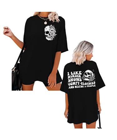 Skull Shirt Oversized T Shirts for Women Loose Crew Neck Tee Shirts Short Sleeve Tops Black #3 Large