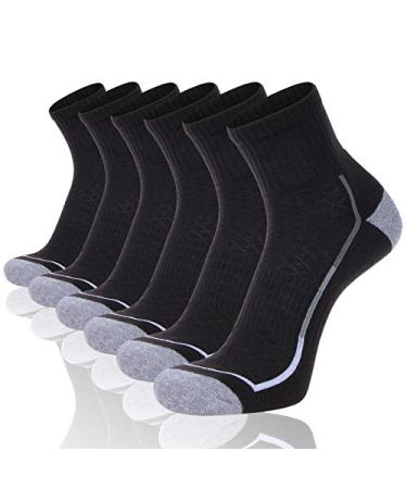 FLYRUN Men's Athletic Ankle Quarter Socks Men Comfort Cushion Moisture Wicking Work Sock 6 Pack Black 6