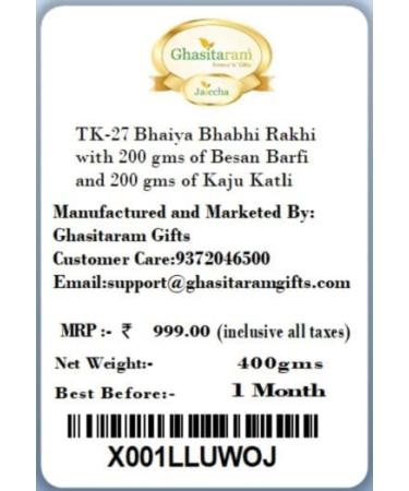 Ghasitaram Gifts Rakhis Online - Rakhi for Brother-TK-27 Bhaiya Bhabhi Rakhi with 200 GMS of Besan Barfi and 200 GMS of Kaju Katli Rakhi Set with 200 gms of Besan Barfi & Kaju Katli - Buy Online on GoSupps.com