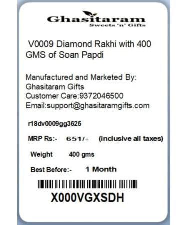 Ghasitaram Gifts Rakhi for Brother Rakhis Online - V0009 Diamond Rakhi with 400 GMS of Soan Papdi - Buy Online on GoSupps.com