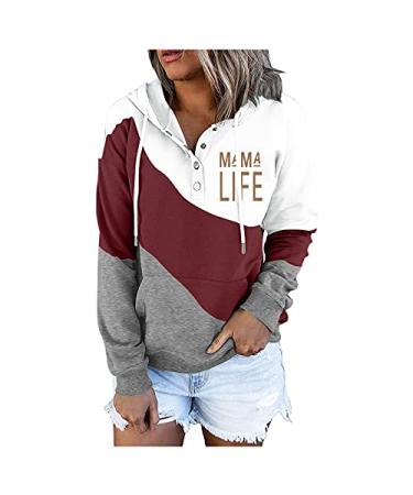Hemlock Women Color Block Hoodies MAMA LIFE Print Tops Hooded Pullovers Sweatshirts Coat Cotton Pocket Tops 1-red 3X-Large