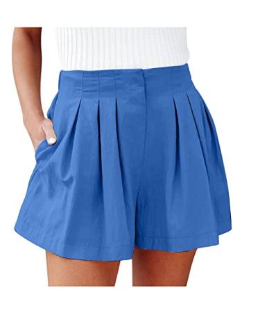 SHOPESSA Pleated Linen Shorts Women Casual Summer High Waisted Beach Shorts Wide Leg Pocket Shorts Dressy Casual Pants X-Large Blue
