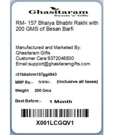 Ghasitaram Gifts Rakhis Online - Rakhi for Brother- RM- 157 Bhaiya Bhabhi Rakhi with 200 GMS of Besan Barfi Rakhi Set with 200 gms of Besan Barfi - Buy Online on GoSupps.com