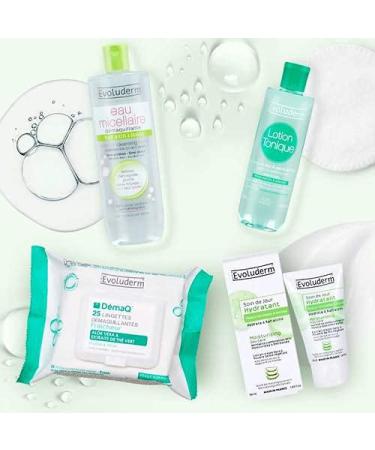EVOLUDERM - Routine Instant Fra cheur Peaux Mixtes Grasses : 1 Lotion Tonique Purifiante 250ml + 1 Eau Micellaire D maquillante 500ml + 25 Lingettes D maquillantes + 1 Soin de Jour Hydratant 50ml