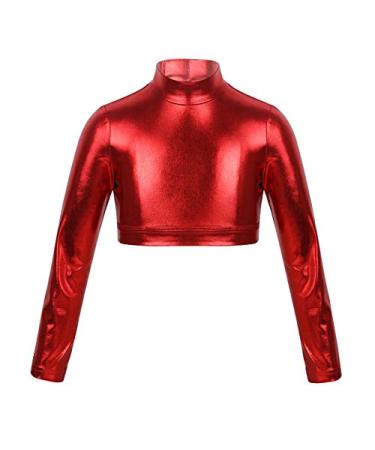 easyforever Kids Girls Shiny Metallic Mock Neck Hip Hop Jazz Dance Crop Top Sports Bra Long Sleeve Sweatshirt Dancewear Red 10 Years