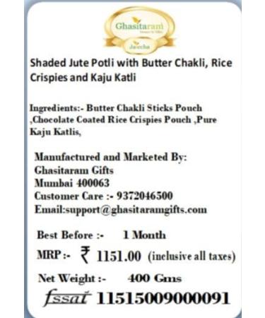 Jaiccha Ghasitaram Basket Hamper-Shaded Jute Potli with Butter Chakli Rice Crispies and Kaju Katli |Gift for Diwali Holi Rakhi Valentine Christmas Birthday Anniversary Her Him| Potli with Chakli Rice Crispies and Kaju Katli - Buy Online on GoSupps.com