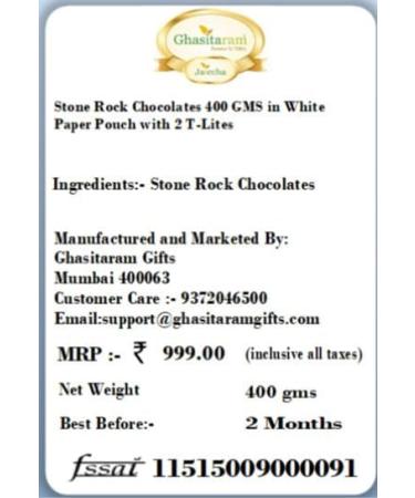 Jaiccha Ghasitaram Diwali Gifts Chocolate - Stone/ Rock Chocolates 400 GMS in White Paper Pouch with 2 T-Lites - Buy Online on GoSupps.com