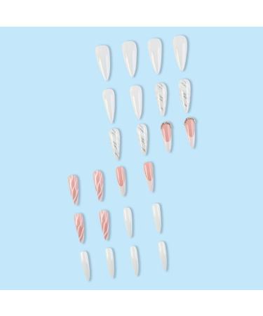 Long pointed tip French Tip Press on Nails with Nail Tips Pink and White striped Fake Nails press on nails Acrylic False Nails Cute Artificial Nails - Buy Online on GoSupps.com