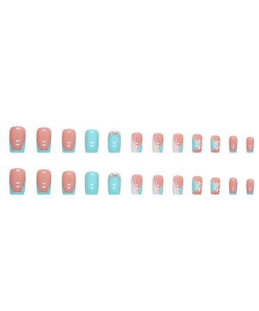 24 PCS Square Pink, White, and Blue Press on Nails with Rhinestone Accents - Medium False Nails for Women - Artificial Acrylic Full Cover Nail Tips - Glossy Finish Stick on Nails - Buy Online on GoSupps.com