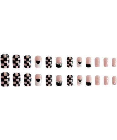 24Pcs/Set Press On Nails Long Diamond Chain Heart Black White Checkerboard Pattern False Nails Acrylic Fake Nails Full Cover Nails Tips Artificial Finger Manicure Press on nails for Women and Girls - Buy Online on GoSupps.com