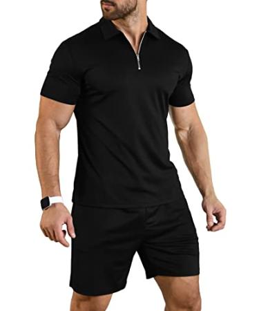 YTD Mens Short Sleeve Casual Polo Shirt and Shorts Sets Two Piece Summer Outfits Zip Polo Tracksuit Set for Men S-XXL Large Black