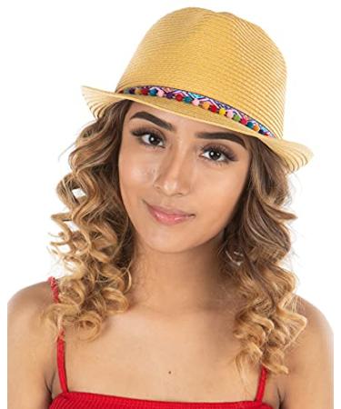 Funky Junque UPF50+ Womens Adjustable Multicolor Woven Pattern Short Brim Fedora Hat Colored Mini Pom - Natural