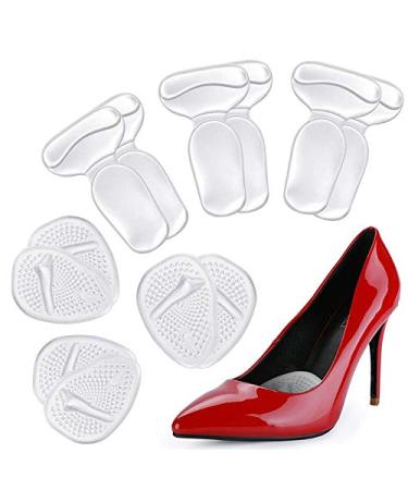 Heel Cushion Inserts and Metatarsal Pads for Women, 3 Pairs Heel Grips and 3 Pairs Ball of Foot Cushions, Silicone Shoe Pads Insoles for High Heels, Blister Prevention for Too Big Shoes  Clear