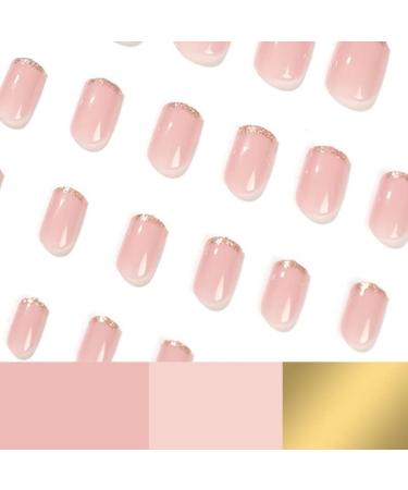 French Tip Press on Nails - Short Round Press On Nails with Nail Tips Golden Glitter edged Nake color Fake Nails press on nails Acrylic False Nails Cute Artificial Nails - Buy Online on GoSupps.com