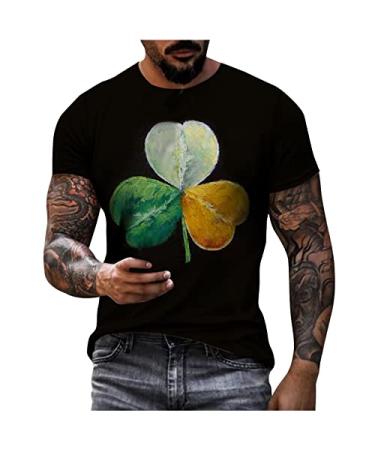 Fashion Color Block Green T-Shirt Men's St. Patrick's Day Breathable Short Sleeved Casual Tops Undershirt Pullover Black Large