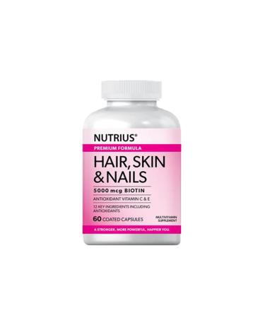 Nutrius Hair Skin & Nails 5000 mcg Biotin with Antioxidant Vitamin C & E - 60 Coated Capsules
