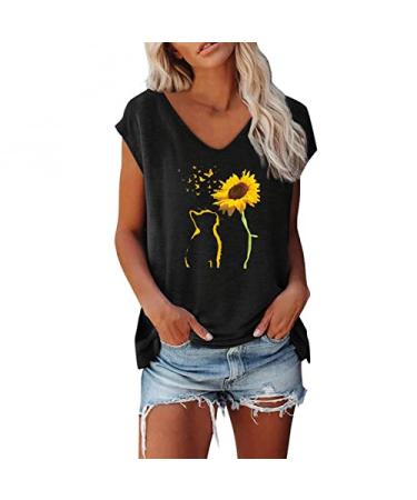 Womens Tops Dressy Casual, Funny Letter Print Shirts for Women Short Sleeve Summer Tops Cute Graphic Tees Shirts Tunics A20-black Large