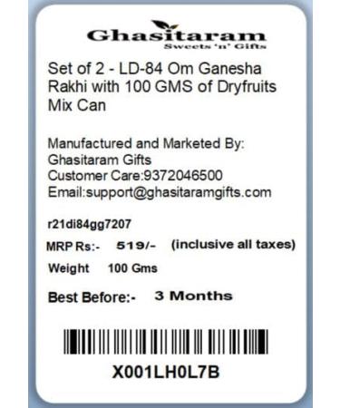 Ghasitaram Gifts Rakhi for Brother Rakhis Online - Set of 2 - LD-84 Om Ganesha Rakhi with 100 GMS of Dryfruits Mix Can 2 Rakhi with 100 gms of Dryfruits Mix Can - Buy Online on GoSupps.com