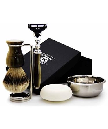 5 Pc Mens Shaving Kit 3 Edge Razor With Silver Tip Badger Hair Shaving Brush Stand Soap and Bowl Perfect Set For Men