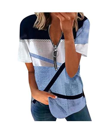 Oversized Summer Tops for Womens Casual Dressy Zip V-Neck T Shirts Plus Size Short Sleeve Colorblock Tunic Blouse Blue Medium