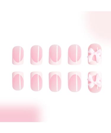 White French Tip Press on Nails with Pink Bow | Short Square Glue on Acrylic Manicure Art | 24 Pcs Glossy Nude Pink Fake Nails for Women & Girls - Buy Online on GoSupps.com