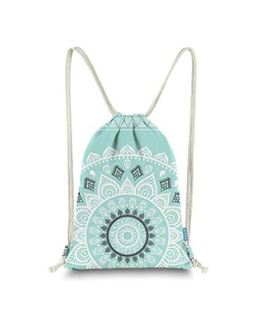 Miomao Drawstring Backpack Mandala Style String Bag Canvas Beach Sport Daypack Fair Aqua