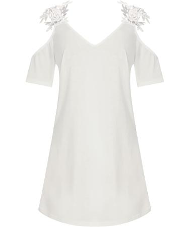 Women's White Feather Print Summer Dress with V Neck and Cold Shoulder - Size Large - Buy Online on GoSupps.com