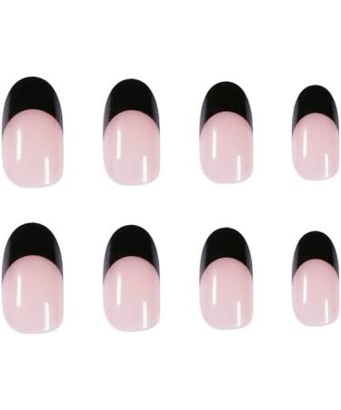 Justotry 24 Pcs Almond Short False Nails Glossy Black French Press on Nails - Oval Medium Stick on Nails with Nail Glue for Women's Nail Art - Buy Online on GoSupps.com