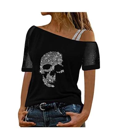 Tops for Women Casual Summer, Women's Skull Print Lace Patch Top Short Sleeve T-Shirts One Shoulder Cut Out Tees Black Medium